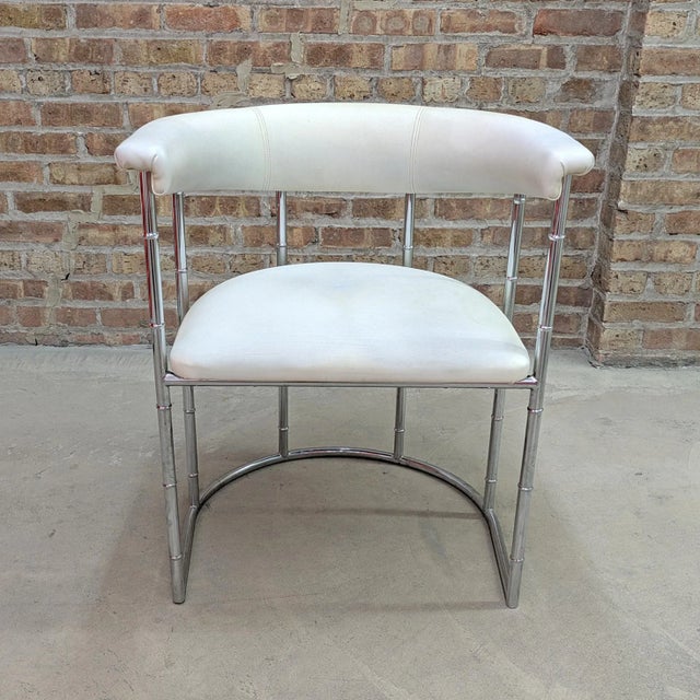 Mid-Century Modern 1970's Chrome & White Naugahyde Faux Bamboo Barrel Lounge Chair For Sale - Image 3 of 8