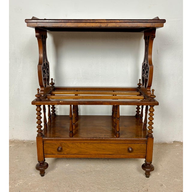 1930s Victorian Walnut Canterbury Magazine Rack with Tray Top For Sale - Image 4 of 10