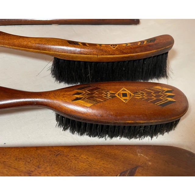 1920s 4 Piece Antique Handmade Folk Art Marquetry Wood Brush Vanity Grooming Set For Sale - Image 5 of 12