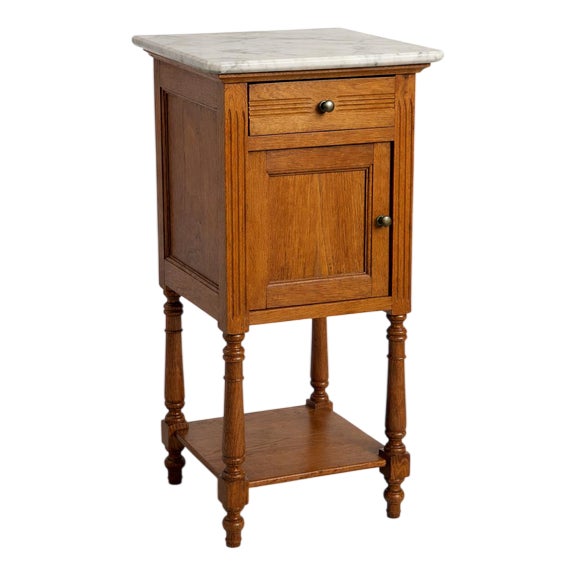 Antique Oak Bedside Table with Marble Top, 1900s For Sale