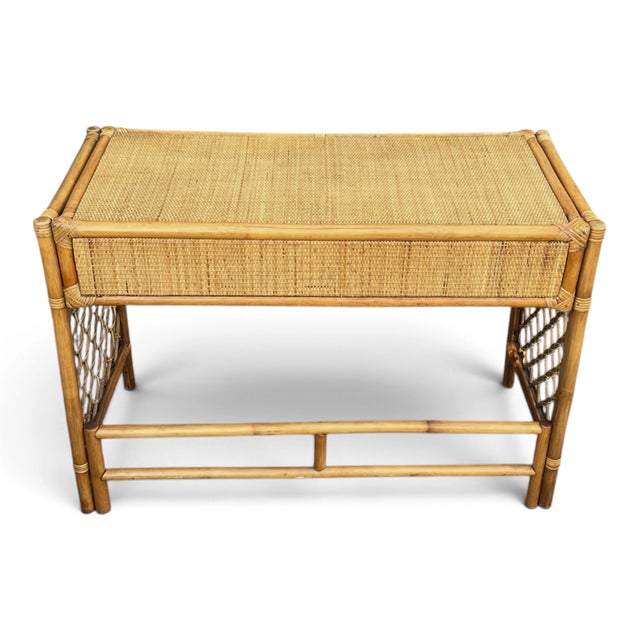 Bauhaus 1970s Coastal Rattan Vanity and Writing Desk With Two Storage Drawers For Sale - Image 3 of 11