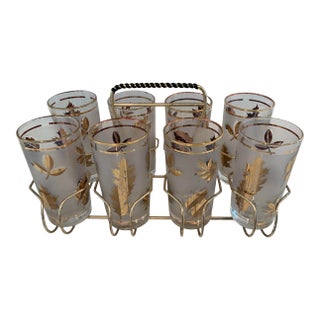 Vintage Gold Foliage Classes in Carrier With Handle For Sale