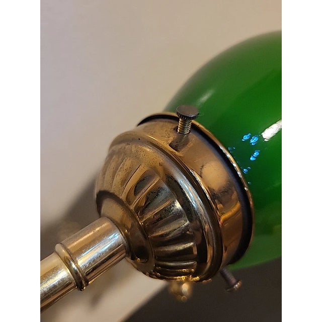 Vintage Bankers Brass Lamp Green Glass With Pull Chain For Sale - Image 4 of 11