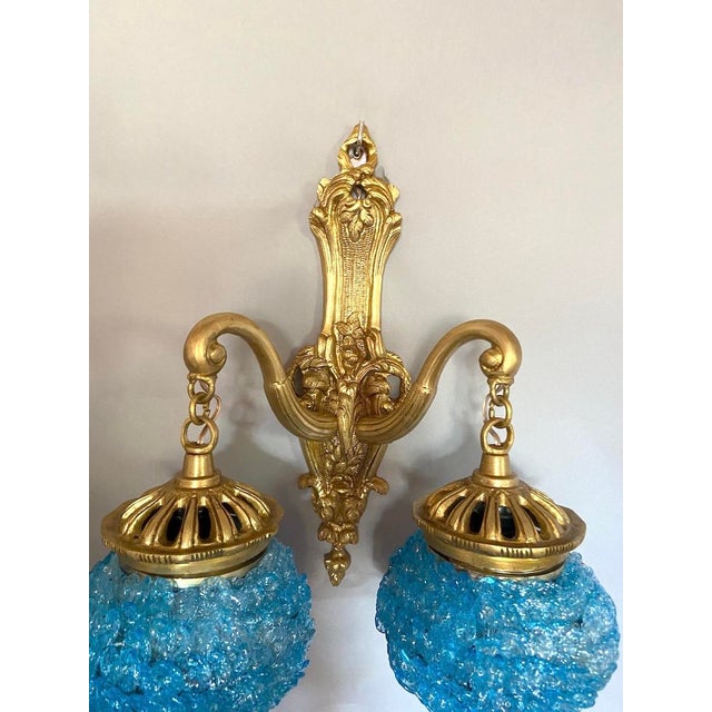1980 French Louis XVI Bronze Blue Crystal Wall Lamps Sconces - Pair of 2 Pc For Sale - Image 10 of 11