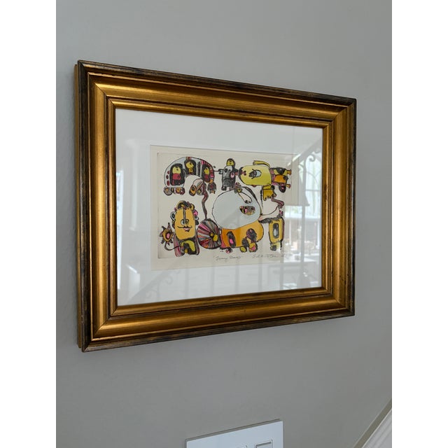 Wood 1970s Whimsical Modern Artwork “Funny Days” by Edelstein Signed 1978 – Framed Figurative Illustration For Sale - Image 7 of 9