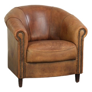 Vintage Worn Sheepskin Club Armchair For Sale