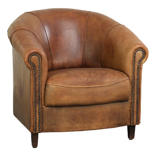 Vintage Worn Sheepskin Club Armchair For Sale