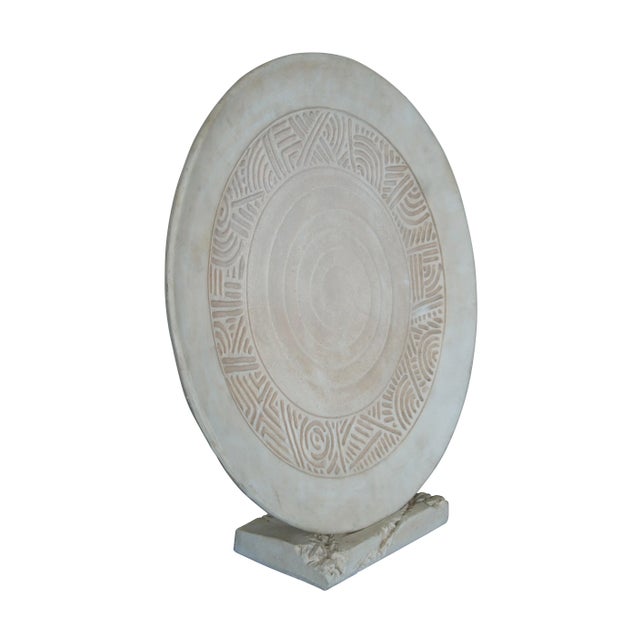 Vintage chalkware art sculpture display featuring a plate / charger / round disk with geometric patterns. Includes base /...