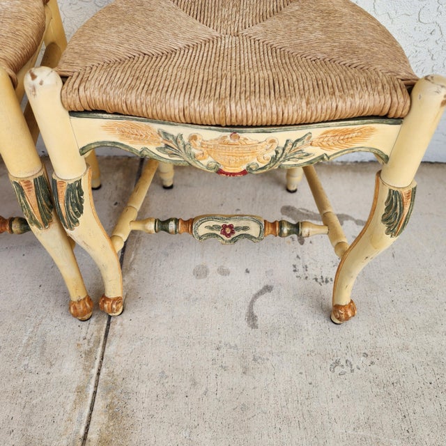 1970s Habersham French Country Dining Chairs Rush Hand Painted For Sale - Image 5 of 12