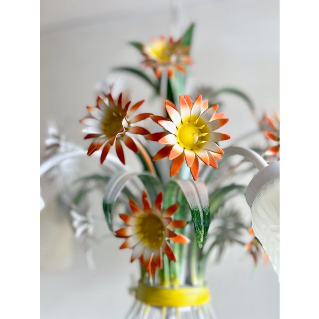 Vintage European Floral Tole Chandelier with Frosted Glass Tulip Shades, 1970s For Sale - Image 12 of 13