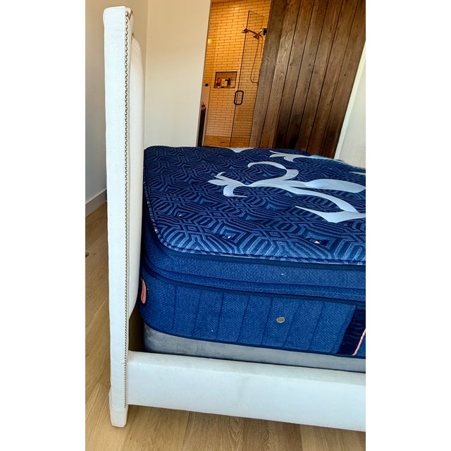 American Ethan Allen Ivory Upholstered Queen Bed With Nailhead Trim For Sale - Image 3 of 8
