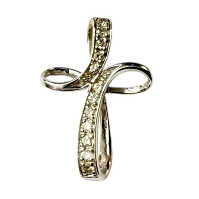 Platinum Vintage 14k White Gold Diamond Cross Pendant, Mid-20th Century For Sale - Image 8 of 8