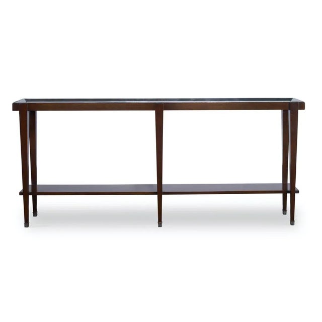 Dark Walnut Finished Winthrop Console Table with Dessert Tan Scagliola Top, Metal Accents