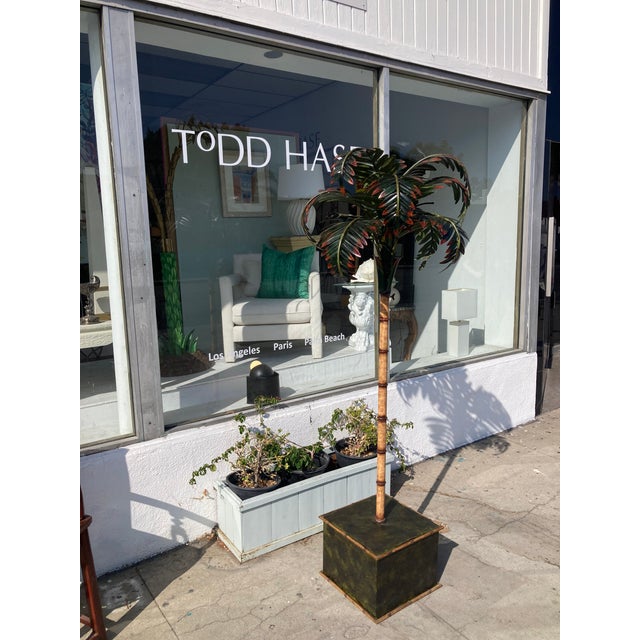Jansen French Tole Life Size Palm Tree Mounted in Tole Planter Hand Painted For Sale - Image 9 of 11