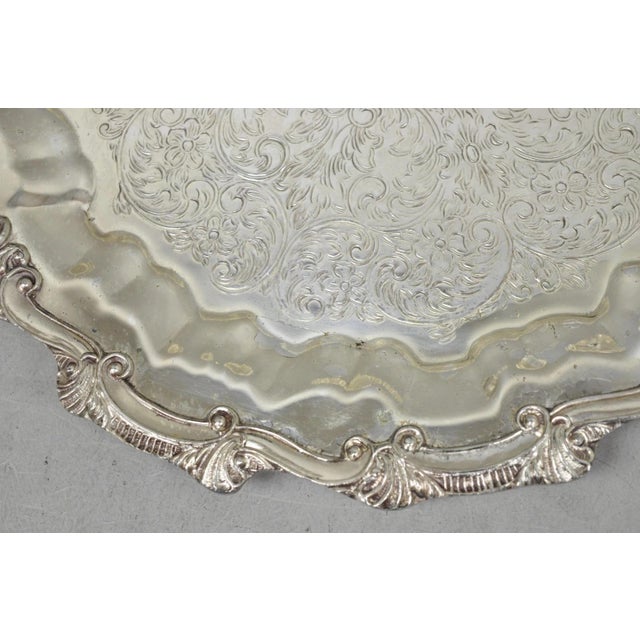 Vintage Victorian Silver Plated Round Scalloped Twin Handle Bar Serving Tray For Sale - Image 11 of 17