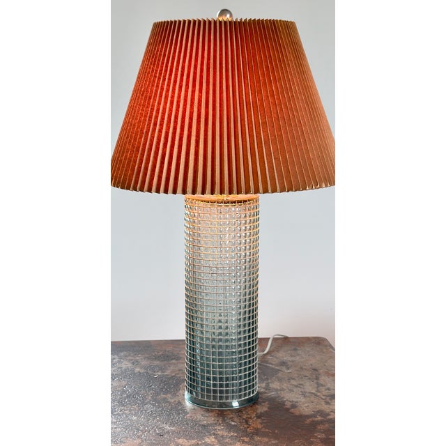 Blue Bauhaus Maison De Verre-Style Caged Glass Lamp With Natural Paper Pleated Shade For Sale - Image 8 of 15