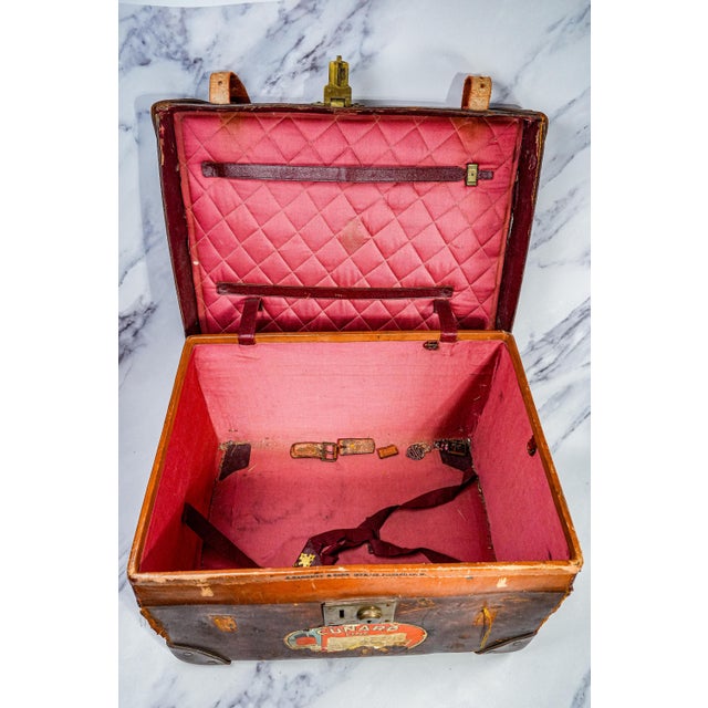 Timeworn Antique English Leather Cunard Label Case Box Home Decor Prop Storage For Sale - Image 9 of 17