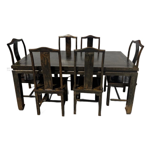 19th Century Asian Antique Dining Table With Chairs - Set of 7 For Sale