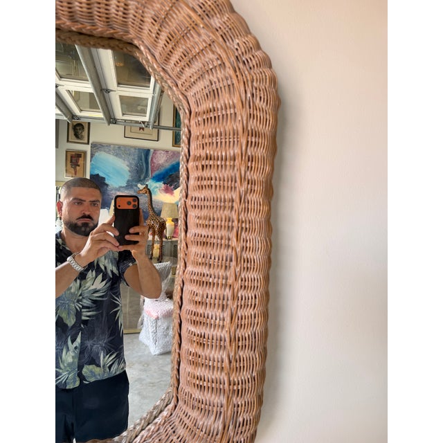 Brown 1980s Vintage Coastal Organic Woven Wicker Octagonal Wall Mirror For Sale - Image 8 of 13