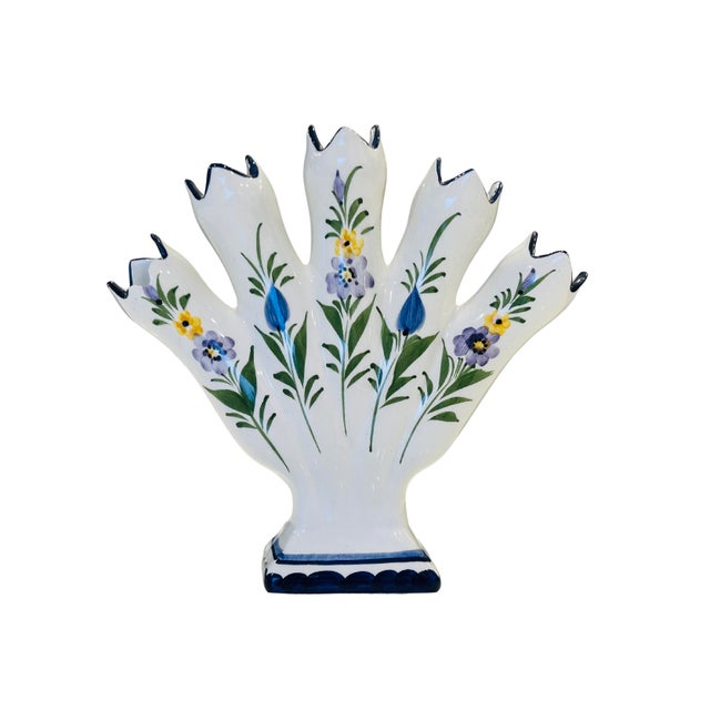 Vintage Portuguese Hand-Painted Tulipiere Vase – RCCL Portugal Five-Finger Bud Vase – Floral Ceramic Fan Vase This...