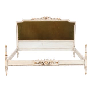 1950 Regency Style Painted and Gilt Carved Queen Size Bed For Sale