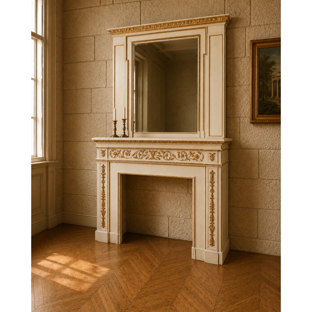Wood Louis XVI Style Fireplace with Overmantel in Lacquered Wood with Gilt Highlights For Sale - Image 7 of 8
