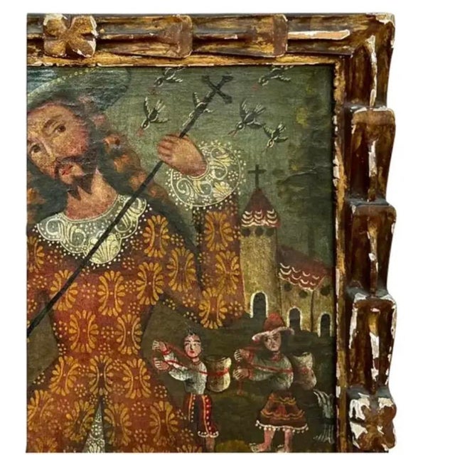 Cuzco School Oil on Canvas Painting of San Isidoro, Antique, Framed For Sale - Image 4 of 8