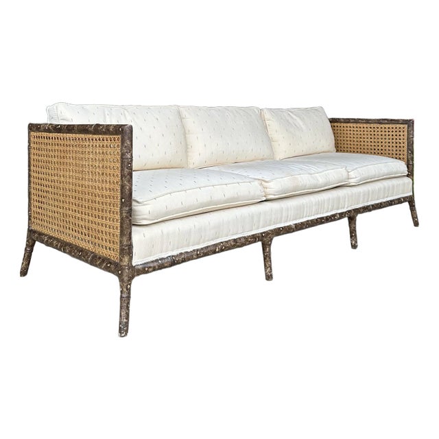 Vintage Faux Bamboo Sofa With Caned Arms in Style of Robsjohn Gibbings Mid-Century Modern For Sale