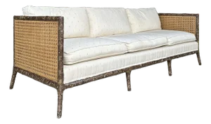 Vintage Faux Bamboo Sofa With Caned Arms in Style of Robsjohn Gibbings Mid-Century Modern