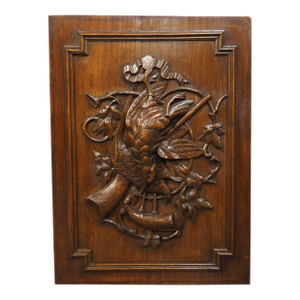 Antique French Hunting Trophy Plaque in Carved and Waxed Oak, Late 1800s