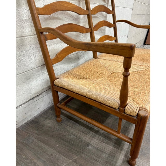 Wood Vintage Country French Double Seat Ladder Back Rush Seat Bench Loveseat Settee For Sale - Image 7 of 16