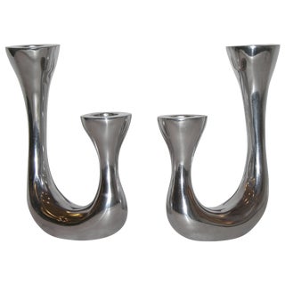 1970s Vintage Italian Pair of Polished Cast Aluminum Modern Candle Holders For Sale