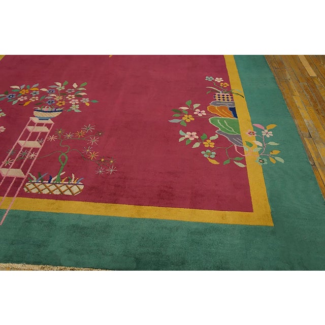 Early 20th Century 1920s Pink Floral Antique Antique Chinese Rug by Nichols Workshop 8' 9"x 11' 4" Handknotted Wool Carpet For Sale - Image 5 of 6