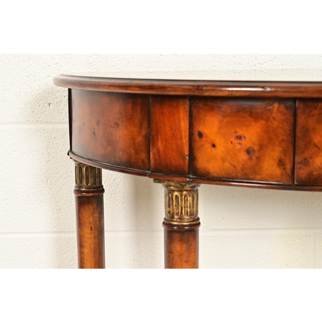 Brown Maitland Smith Style French Empire Burl Wood and Gold Gilt Demilune Console Table For Sale - Image 8 of 15