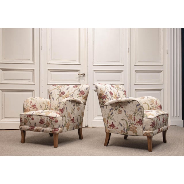 Wood Art Nouveau Swedish Grace Lounge Chairs in Floral Jacquard, 1940s, Set of 2 For Sale - Image 7 of 16