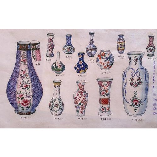 Porcelain Vases is an original china ink and watercolor drawing on ivory-colorated paper realized in 1890 ca. In very good...
