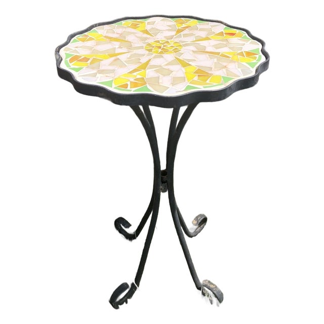 Vintage MCM Mosaic Ceramic Yellow Flower Shape Side Table For Sale
