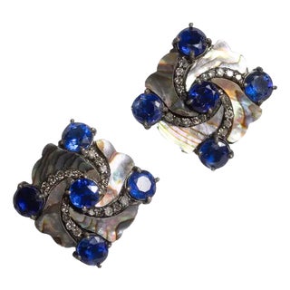 1990s Pair of Abalone, Kyanite and Diamond Stud Earrings For Sale