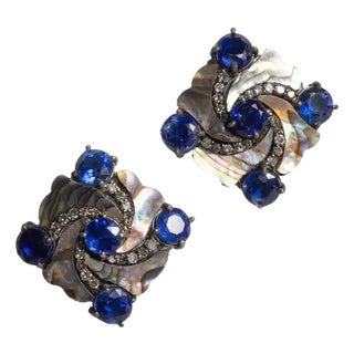 Pair of Abalone, Kyanite and Diamond Stud Earrings For Sale