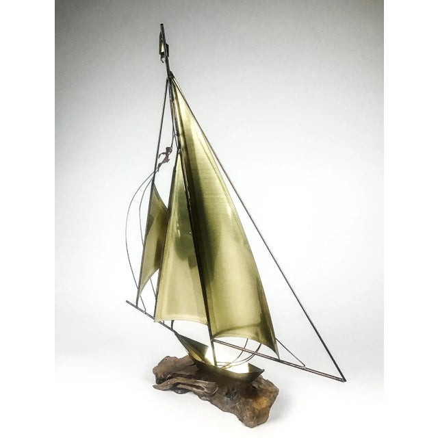 1980s Vintage Brass Wood & Copper Artisan Sailboat Sculpture For Sale - Image 5 of 13