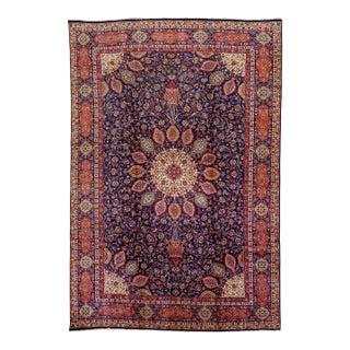 1960s Vintage Persian Tabriz Navy Blue Handmade All-Over Medallion Wool Rug For Sale