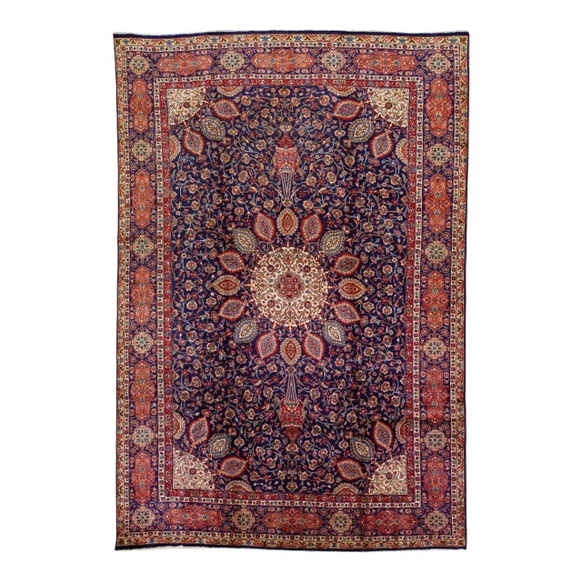 1960s Vintage Persian Tabriz Navy Blue Handmade All-Over Medallion Wool Rug For Sale