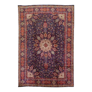 1960s Vintage Persian Tabriz Navy Blue Handmade All-Over Medallion Wool Rug