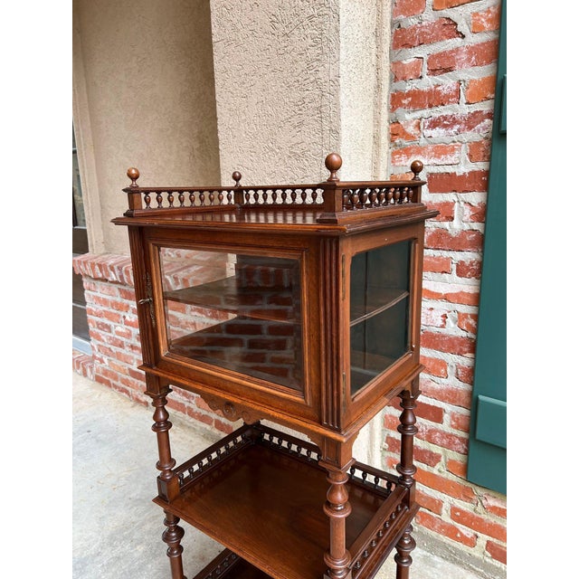 Antique English Display Cabinet Narrow Bookcase Étagère Glass Walnut C1920 For Sale - Image 15 of 18
