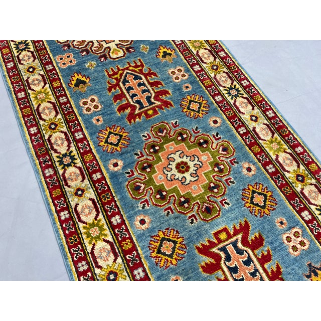 Art Deco Blue and Burgundy Kazak Wool Runner Rug, Tribal Hallway Rug, 2'9" X 13'1" For Sale - Image 3 of 15