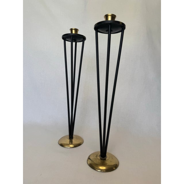 Mid-Century Modern A Pair of MId Century Modern Black Metal and Brass Candlesticks For Sale - Image 3 of 10