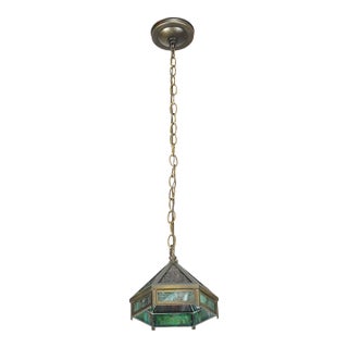 Mid 20th Century Arts & Crafts Green Slag Glass Hexagonal Pendant Light - R291935 For Sale