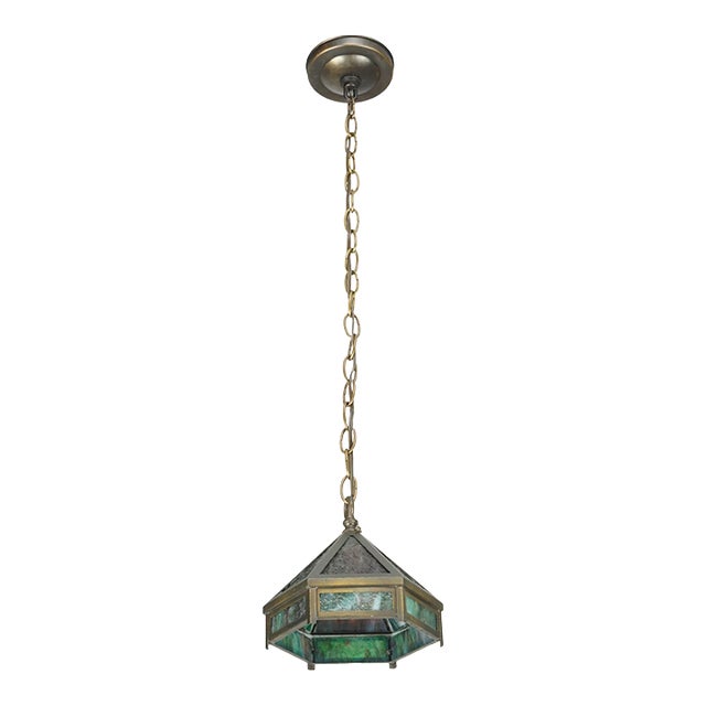 Mid 20th Century Arts & Crafts Green Slag Glass Hexagonal Pendant Light - R291935 For Sale