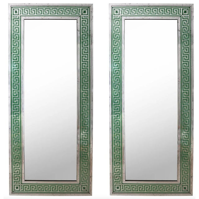 Mediterranean Custom Oversized Rectangular Green Greek Key Mirror For Sale - Image 3 of 4
