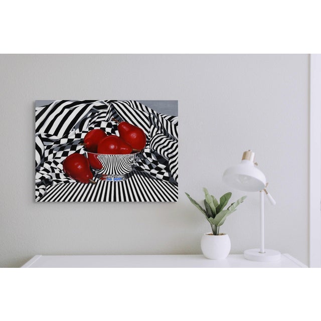 Black, White, and Red Pears by Suzy Smith | Oil Painting of red pears in a striped bowl For Sale - Image 4 of 5